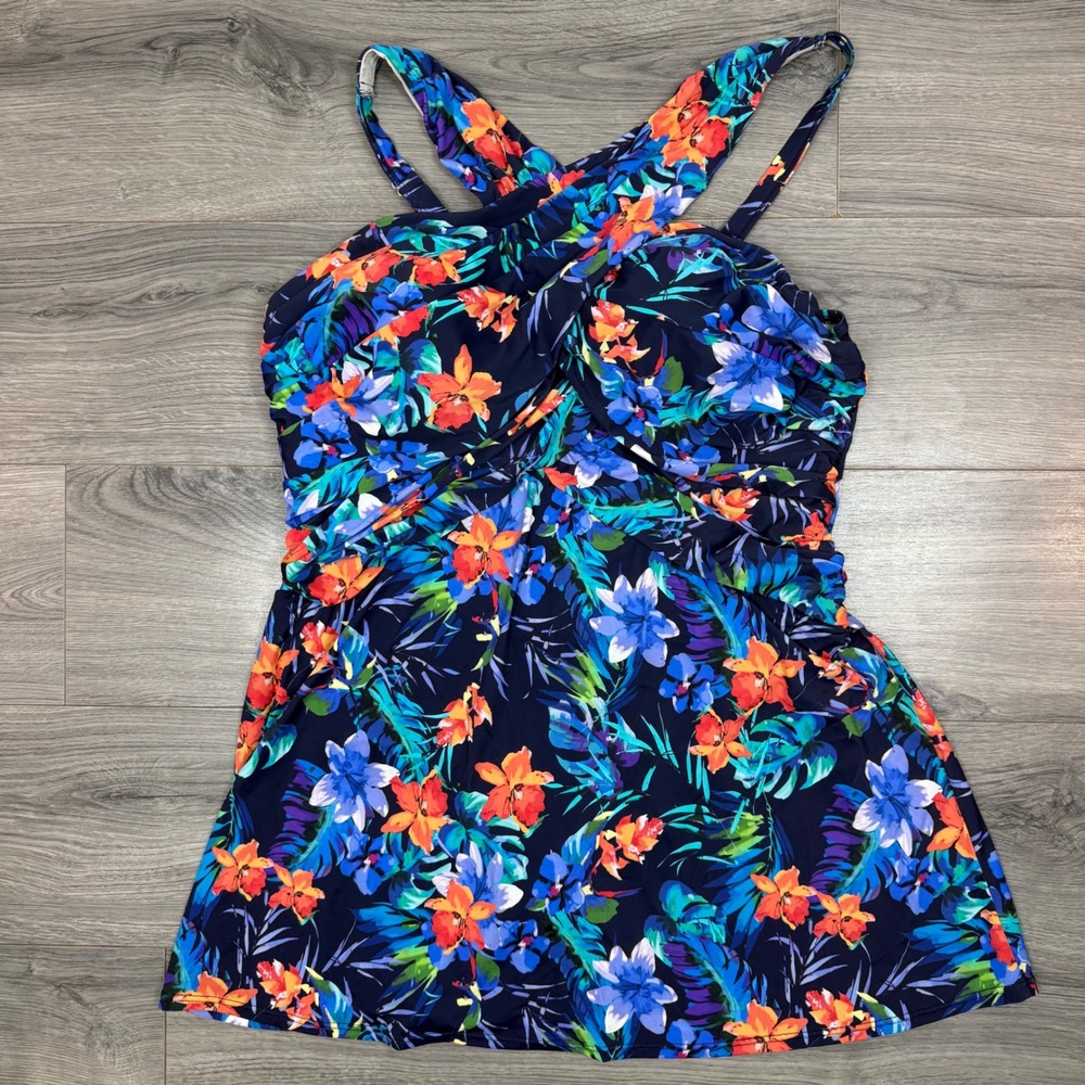 Swimsuits For All Twist Front Floral Swimdress Navy Tropical Plus Size 24